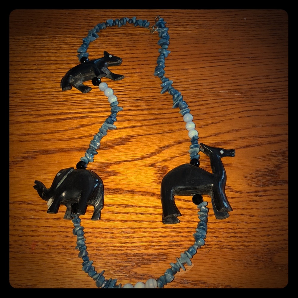 African Necklace glass beads and rock.